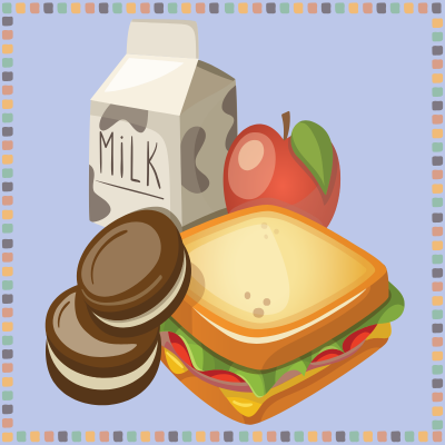 Milk, sandwich, apple and cookies 