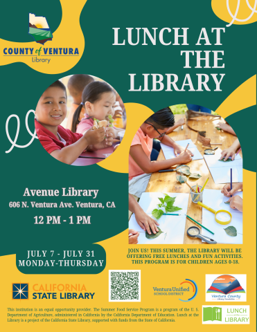 Free lunch at the Avenue Library for children ages 0 to 18 years.  Monday through Thursday, 12pm - 1pm, July 7 - July 31.