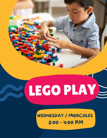 LEGO play every Wednesday from 2:00pm to 4:00pm.  A child playing with Legos at a table.