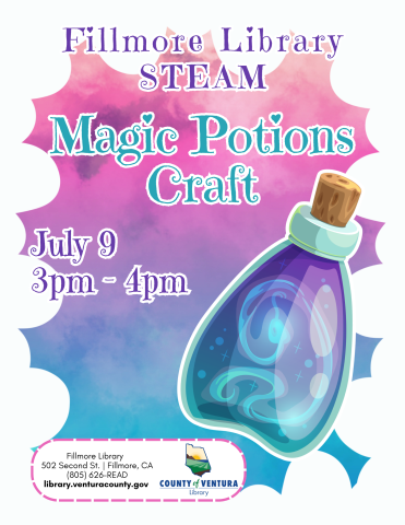 Magic potions! Fillmore Library Corked bottle with swirling colors and sparkles 