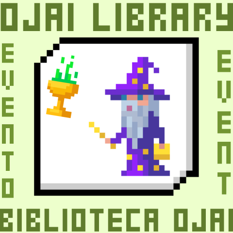 Ojai Library event, biblioteca ojai evento.Pixel style frame with a wizard and a magic potion.