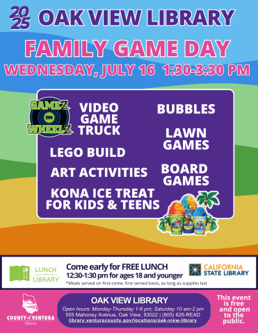 Information about Family Game Day event, including Gamez on Wheelz videogame truck and Kona Ice.