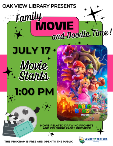 Information about Oak View Library's movie matinee for July 17, 2025 at 1pm featuring The Super Mario Bros. Movie