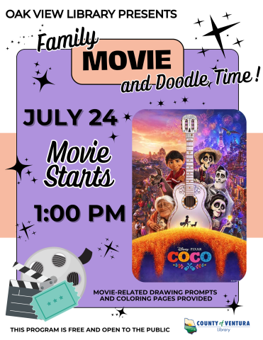 Information about Oak View Library's movie matinee for July 24, 2025 at 1pm featuring Coco