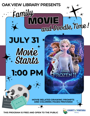 Information about Oak View Library's movie matinee for July 31, 2025 at 1pm featuring Frozen 2