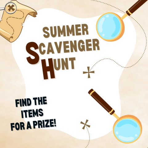 Graphics of magnifying glasses and map - Summer Scavenger Hunt