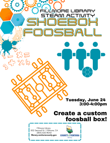 Foosball figures and an overhead drawing of a foosball table with program info