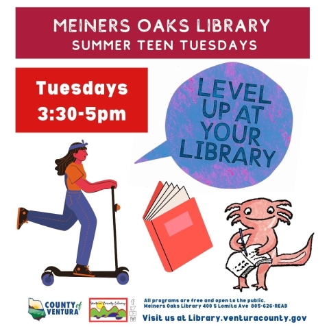 A person riding a scooter, a book, an axolotl journaling, and a speech bubble that says "Level up at your library"