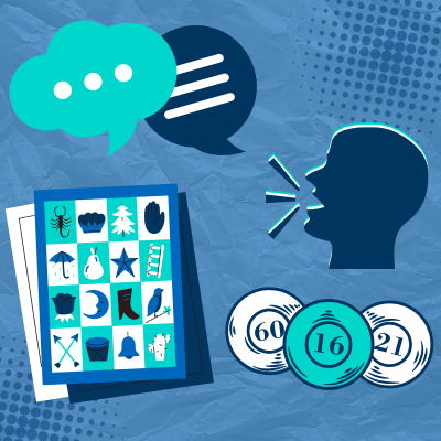text box, bingo card, person talking and bingo numbers