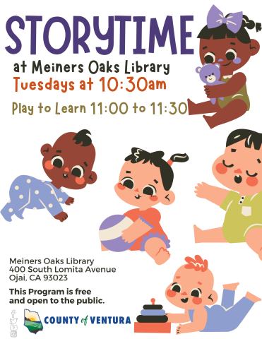 Text detailing Meiners Oaks Storytime, Tuesdays 10:30-11:30, with a background of babies playing.