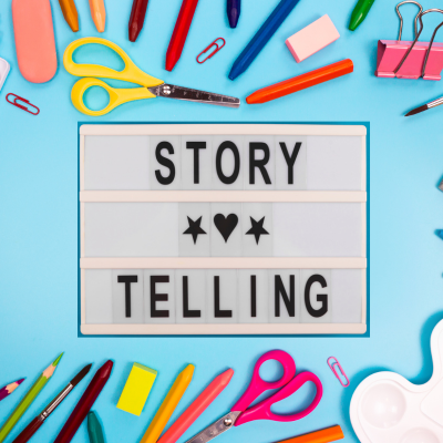 marquee that says story telling with art supplies as a border