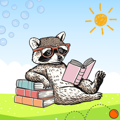Racoon reading outside