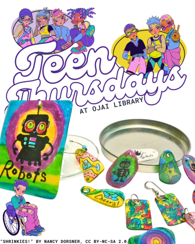 Teen thursdays at ojai library. Manga style illustrations of posing teens. Colorful plastic charms hand drawn and colored. 