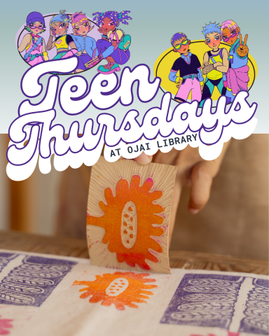 Teen thursdays at ojai library. Manga style illustrations of posing teens. Hand carved stamps with ink on fabric.