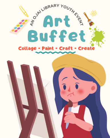 An ojai library youth even Art Buffet Collage, Paint, craft, create. Illustration of a child artist in front of a canvas.