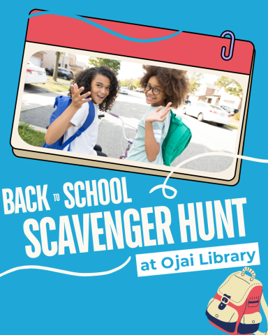 Back to school scavenger hunt at Ojai Library. Two smiling kids with backpacks.