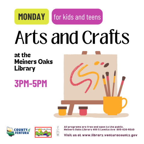 Arts and Crafts at Meiners Oaks Library for Kids and teens.  3pm-5pm, Mondays.  A photo of a painter's easel and paint brushes