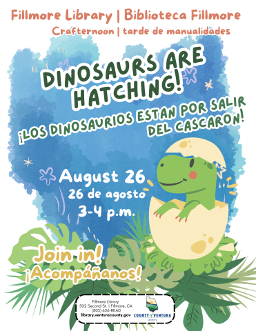 Dinosaurs are hatching August 26th 3pm-4pm with baby dinosaur hatching out of egg