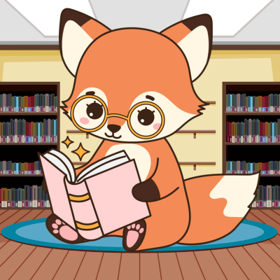 Fox reading a book sitting inside of a library.