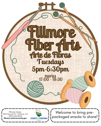 Embroidery hoop, thread, and crochet hook with Fillmore Fiber Arts, Tuesdays 5pm-6:30pm.