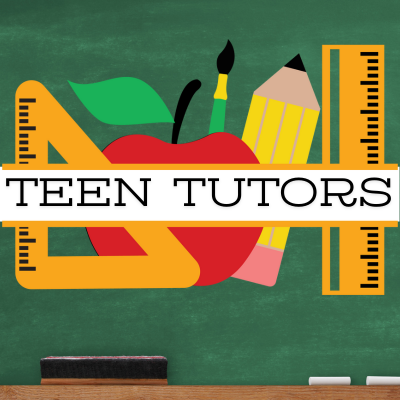Text reads teen tutors with school supplies in the background