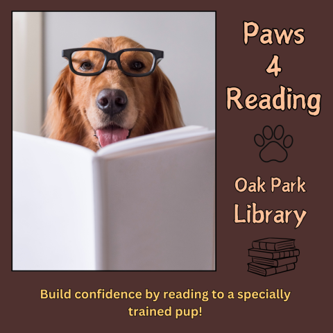 Picture of a dog wearing glasses reading a book - Paws 4 Reading - Oak Park Library