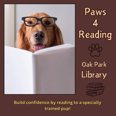 Picture of a dog wearing glasses reading a book - Paws 4 Reading - Oak Park Library