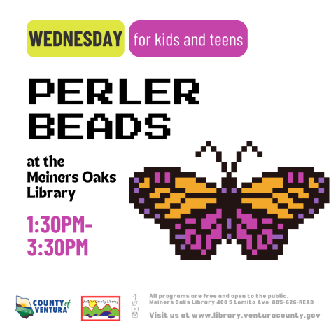 a pixelated butterfly image.  Perler Beads at the Meiners Oaks Library.