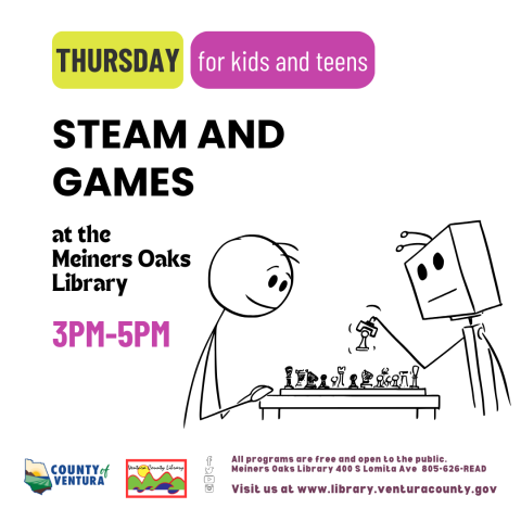 A robot and a human play chess.  Steam and Games, Meiners Oaks Library, 3pm-5pm