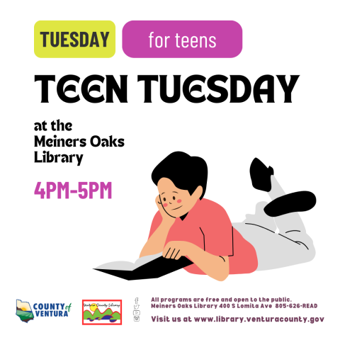 A teen relaxes and reads a book.  Teen Tuesday at the Meiners Oaks Library 4pm-5pm