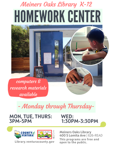 A flyer giving information about Meiners Oaks Library Homework club, with a photo of a student learning and the front gate of the Meiners Oaks Library