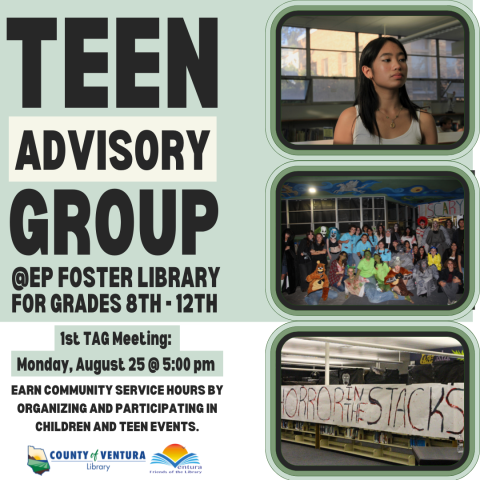 Teen Advisory Group, Teenage girl, group of teens dressed in costumes, horror in the stacks sign