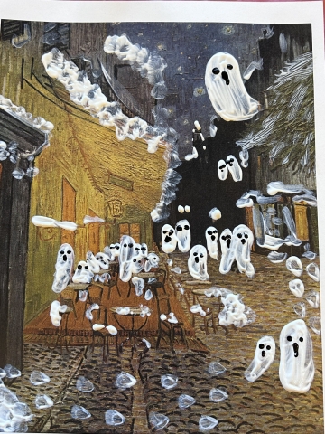 white ghosts painted on a printed Van Gogh picture