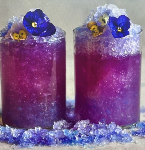 Blue butterfly pea tea steeped on ice.