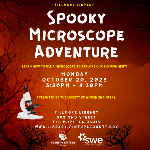Red background with spooky trees and a microscope