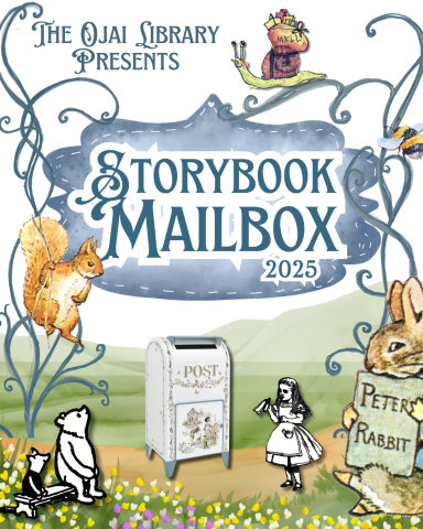 The Ojai Library Presents Storybook Mailbox 2025. Illustrations of classic storybook characters in a meadow