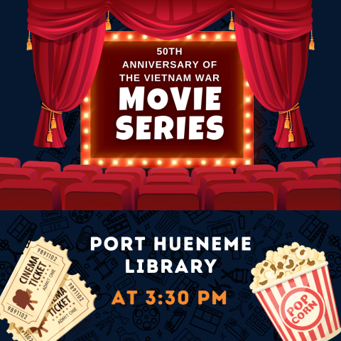 graphics of movie curtains, tickets, and popcorn - Movie Series - Port Hueneme Libray