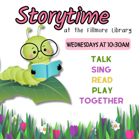 Caterpillar with glasses reading. Storytime Wednesdays 10:30am Talk Sing Read Play Together