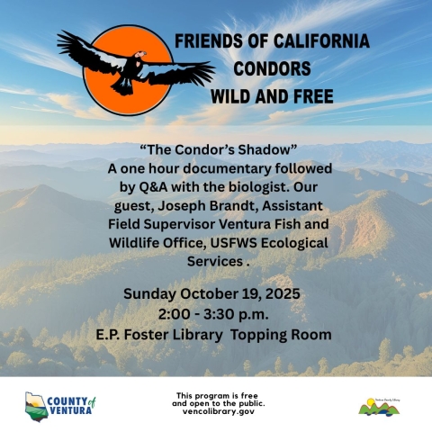 Blue sky background with condor flying in front of the sun. Text with time and date of event.