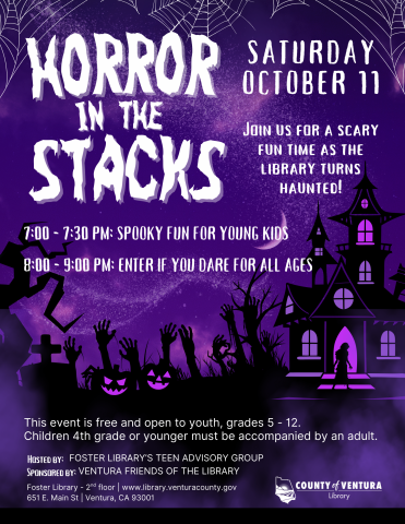 haunted library with pumpkins in a cemetery for Horror in the stacks