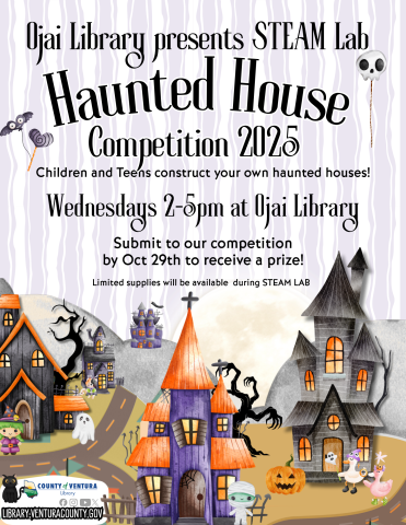 Ojai Library presents STEAM Lab Haunted House Competition 2025 Children and Teens construct your own haunted houses! Wednesdays 2-5pm at Ojai Library Submit to our competition by Oct 29th to receive a prize! Whimsically spooky illustrations of a haunted hamlet.
