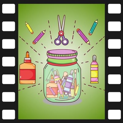 Arts and Crafts supplies within a movie reel box