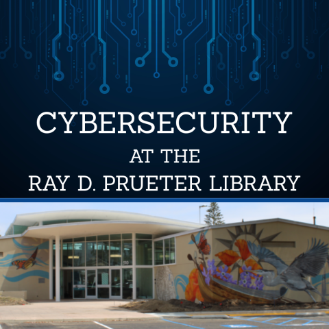 Image of Ray D. Prueter Library with technology graphics - Cybersecurity event