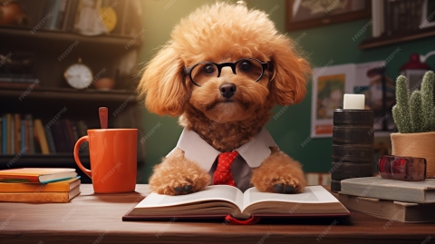 Poodle reads a book