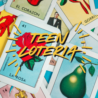 Text Teen Loteria with loteria cards as a background
