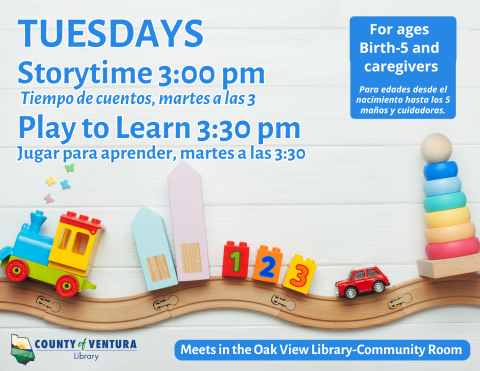 Information about Oak View Library's weekly storytime and play group events 