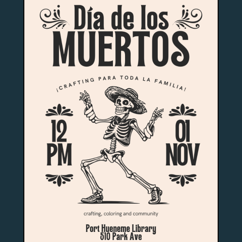 graphic of dancing skeleton wearing a hat - Dia de los Muertos - Date and time