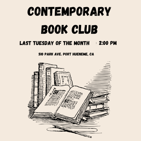 Ink drawing of books and writing materials - Contemporary Book Club - last Tuesday of every month at 2pm