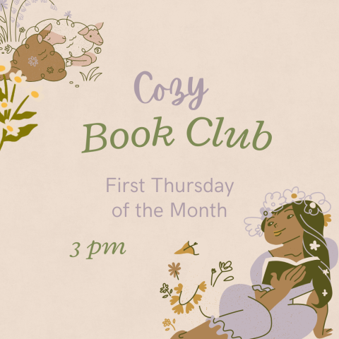 Graphics of flowers, two sheep, and a woman reading a book - Cozy Book Club