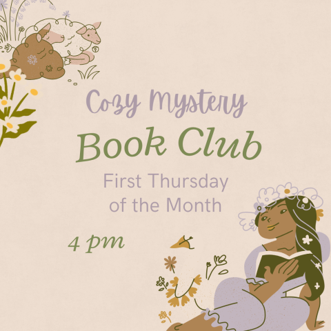 Graphics of flowers, two sheep, and a woman reading a book - Cozy Mystery Book Club